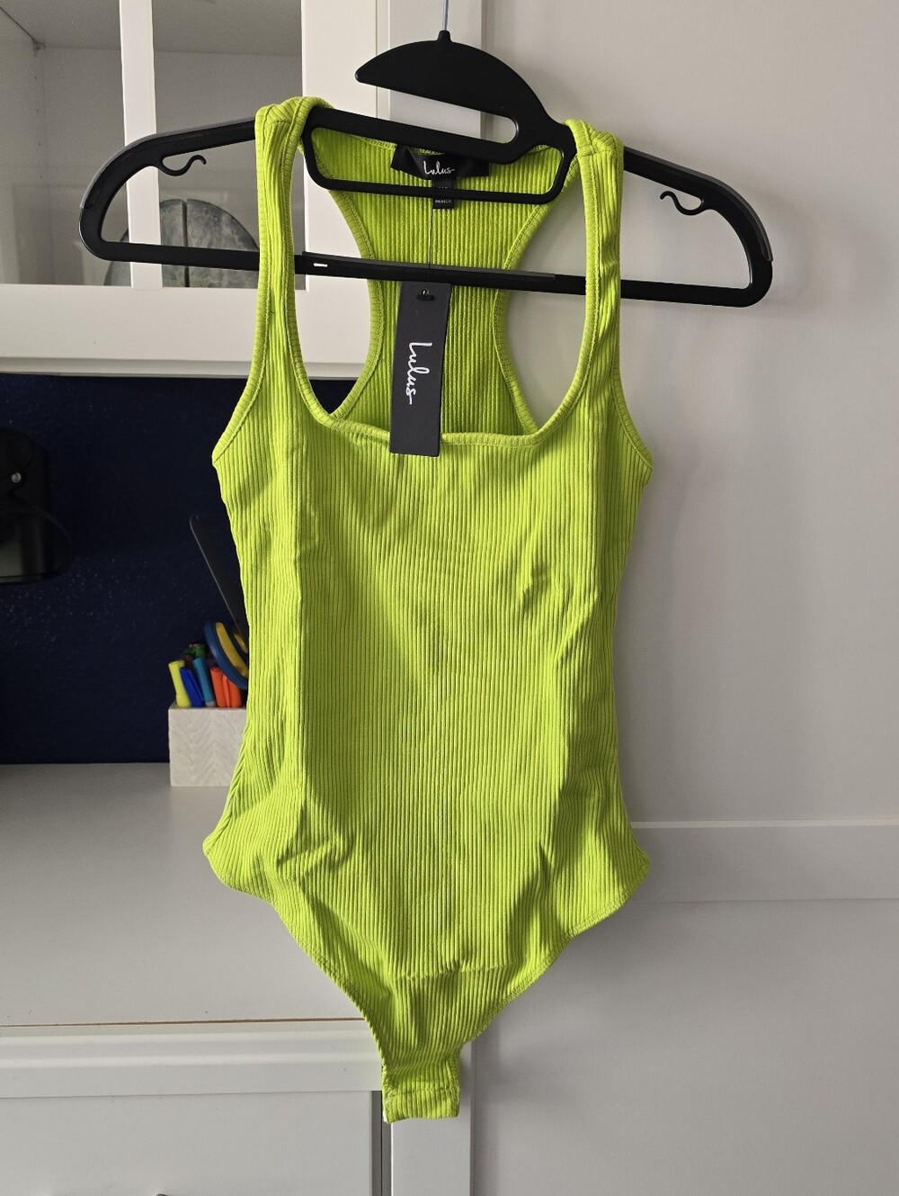 Lulus Square Are You Now Lime Green Ribbed Bodysuit XS NWT